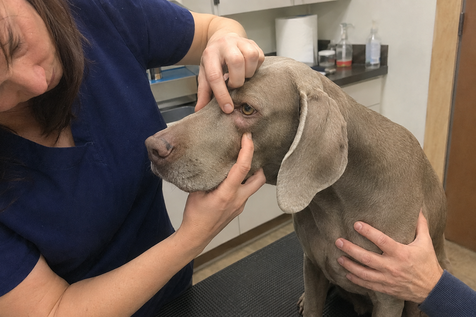 Veterinářka jemně vyšetřuje oblast pod okem psa